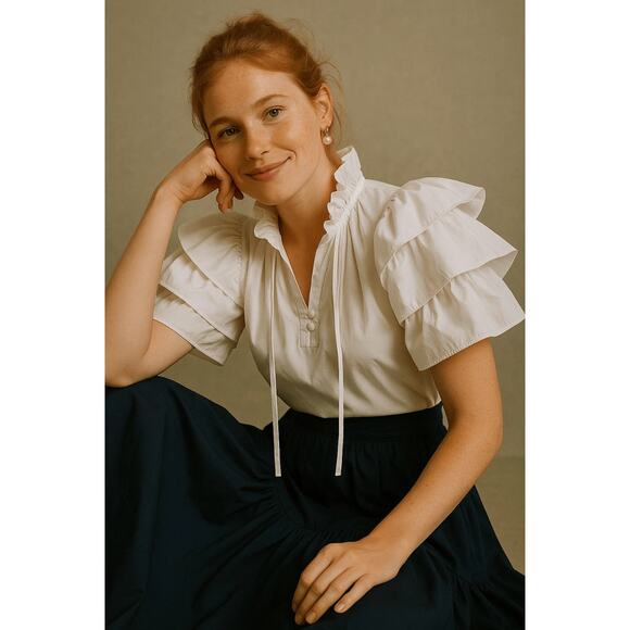Hunter Belle Millie Med White Puff Sleeves Blouse Top Ruffles Feminine Cottage - Picture 6 of 11